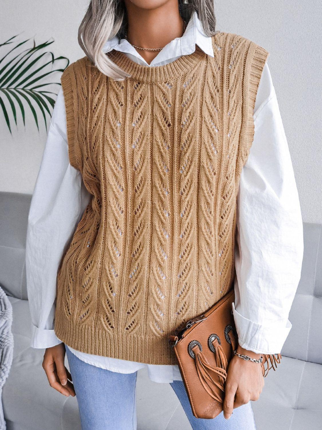 Round Neck Openwork Capped Sleeve Sweater Vest - Flyclothing LLC