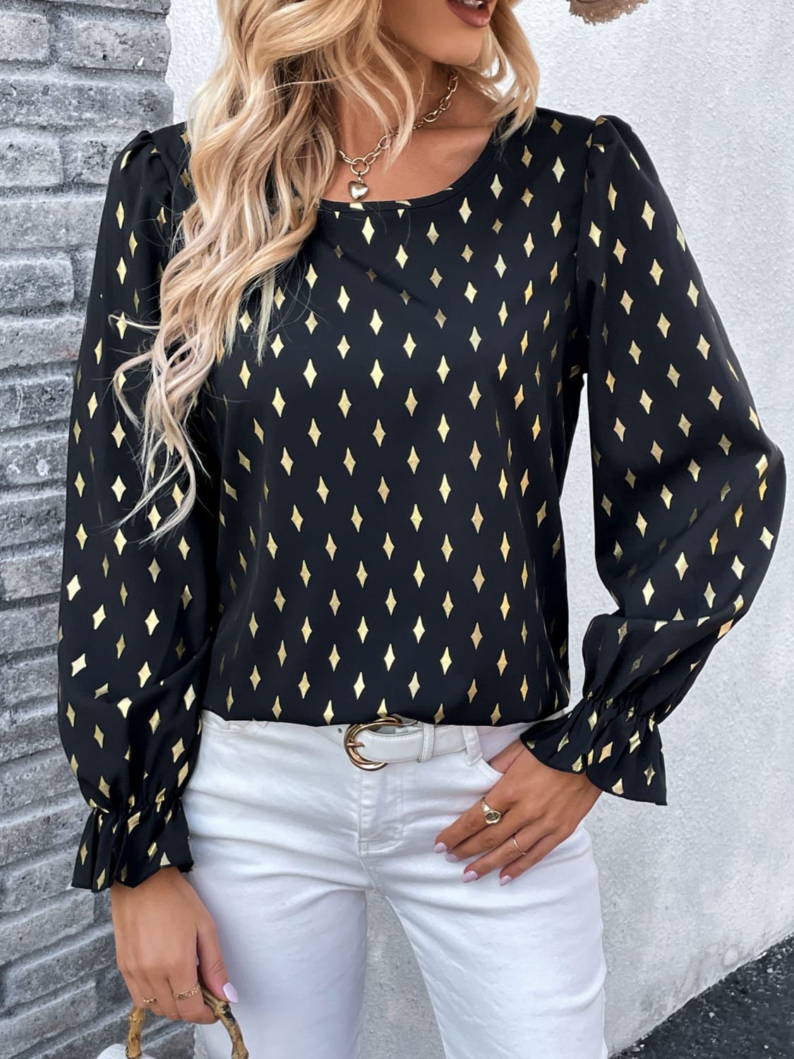 Printed Round Neck Flounce Sleeve Blouse - Flyclothing LLC