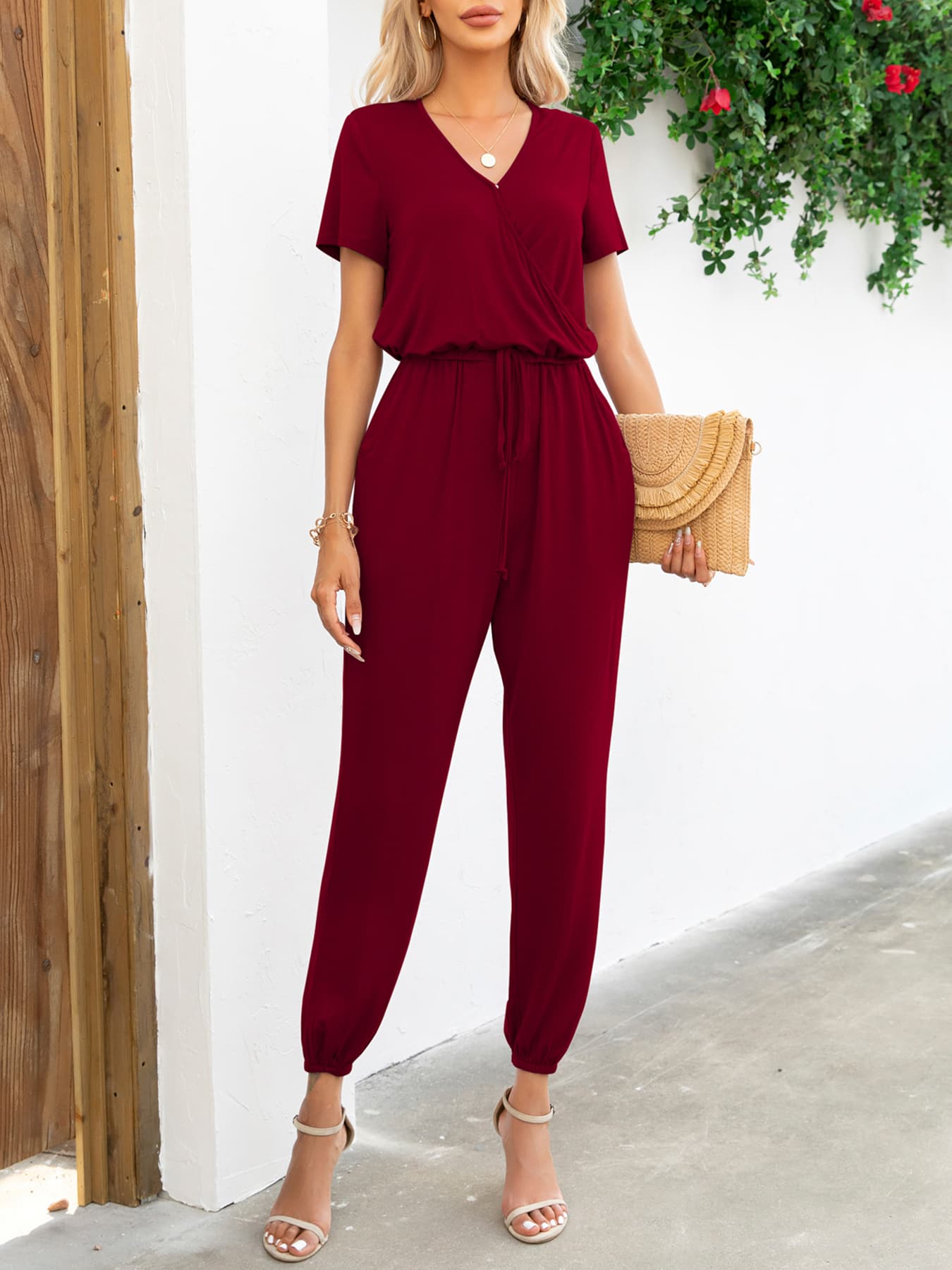 Short Sleeve V-Neck Jumpsuit with Pockets - Flyclothing LLC