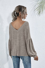 V-Neck Long Sleeve Dropped Shoulder Knit Top - Flyclothing LLC