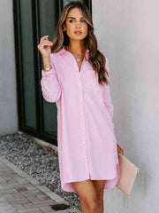 Button Up Collared Neck Long Sleeve Shirt Dress - Trendsi