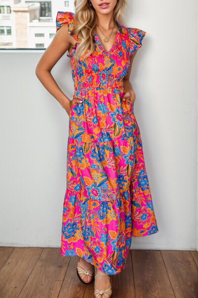 Printed V-Neck Cap Sleeve Pocketed Midi Dress - Flyclothing LLC