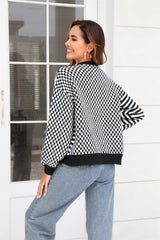 Button-Down Stripe & Plaid Contrast Pattern Cardigan - Trendsi