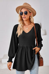 V-Neck Lantern Sleeve Blouse - Flyclothing LLC