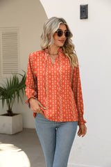 Printed Tie Neck Flounce Sleeve Blouse - Flyclothing LLC