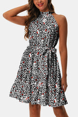 Printed Tie Waist Frill Trim Dress - Flyclothing LLC