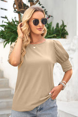 Round Neck Lantern Sleeve Blouse - Flyclothing LLC