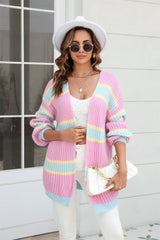 Color Block Ribbed Dropped Shoulder Open Front Cardigan - Trendsi