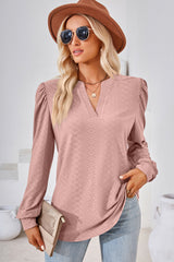 Ruched Notched Long Sleeve T-Shirt - Flyclothing LLC