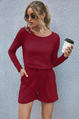 Drawstring Waist Long Sleeve Romper - Flyclothing LLC