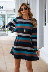 Striped Round Neck Long Sleeve Dress - Flyclothing LLC