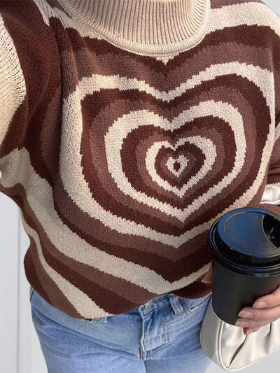 Heart Mock Neck Long Sleeve Sweater - Flyclothing LLC