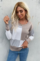 Color Block Ribbed Trim Round Neck Knit Pullover - Trendsi