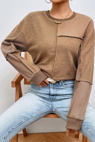 Exposed Seam Round Neck Long Sleeve Sweatshirt - Flyclothing LLC