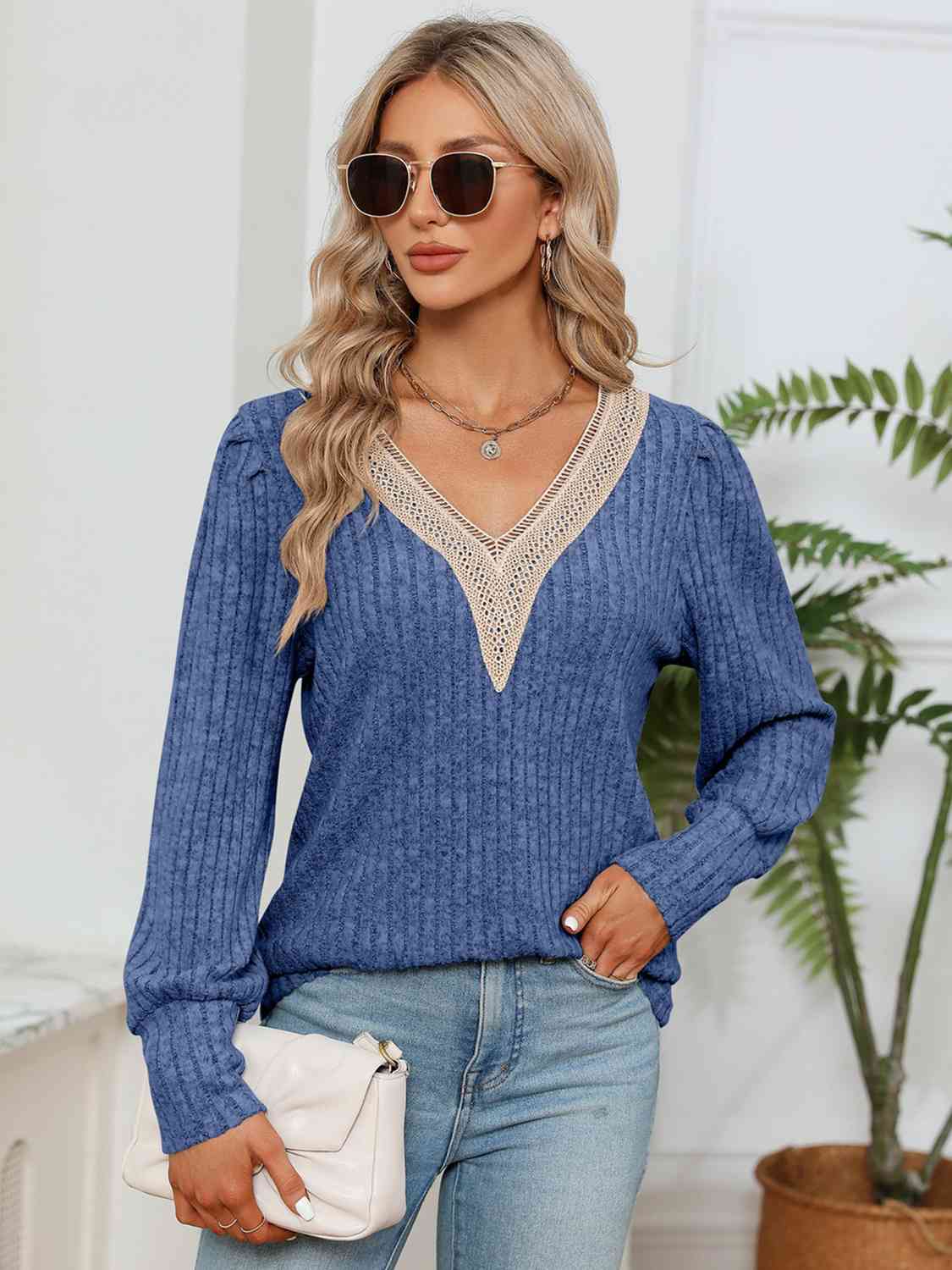 Lace Detail V-Neck Ribbed Blouse - Flyclothing LLC