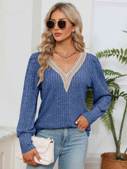 Lace Detail V-Neck Ribbed Blouse - Flyclothing LLC