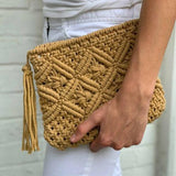 Macrame Clutch with Tassel, Tan - Beaurer Creations