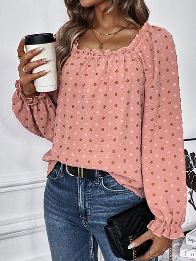 Swiss Dot Square Neck Flounce Sleeve Blouse - Flyclothing LLC