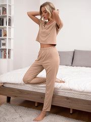 Round Neck Short Sleeve Top and Pants Lounge Set - Flyclothing LLC