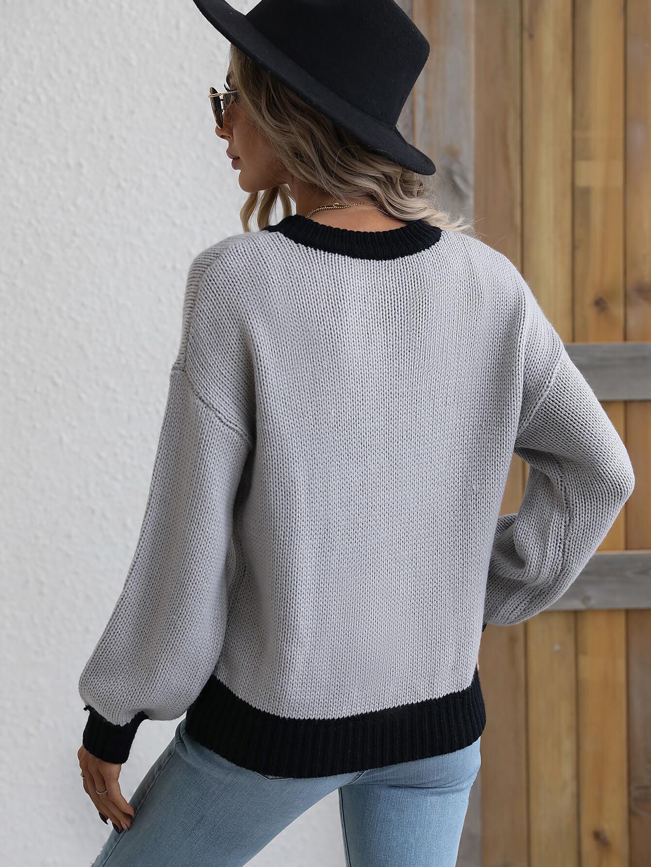 Contrast Trim Drop Shoulder Pullover Sweater - Trendsi