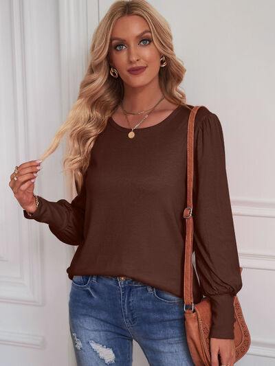 Round Neck Lantern Sleeve Blouse - Flyclothing LLC