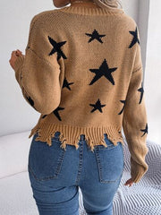 Star Pattern Distressed V-Neck Cropped Sweater - Flyclothing LLC