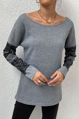 Boat Neck Long Printed Sleeve Blouse - Flyclothing LLC