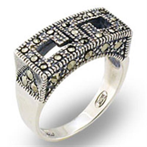 Alamode Antique Tone 925 Sterling Silver Ring with Semi-Precious Marcasite in Jet - Flyclothing LLC