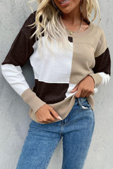 Color Block Ribbed Trim Round Neck Knit Pullover - Trendsi