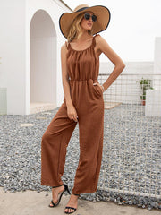 Round Neck Sleeveless Jumpsuit with Pockets - Flyclothing LLC