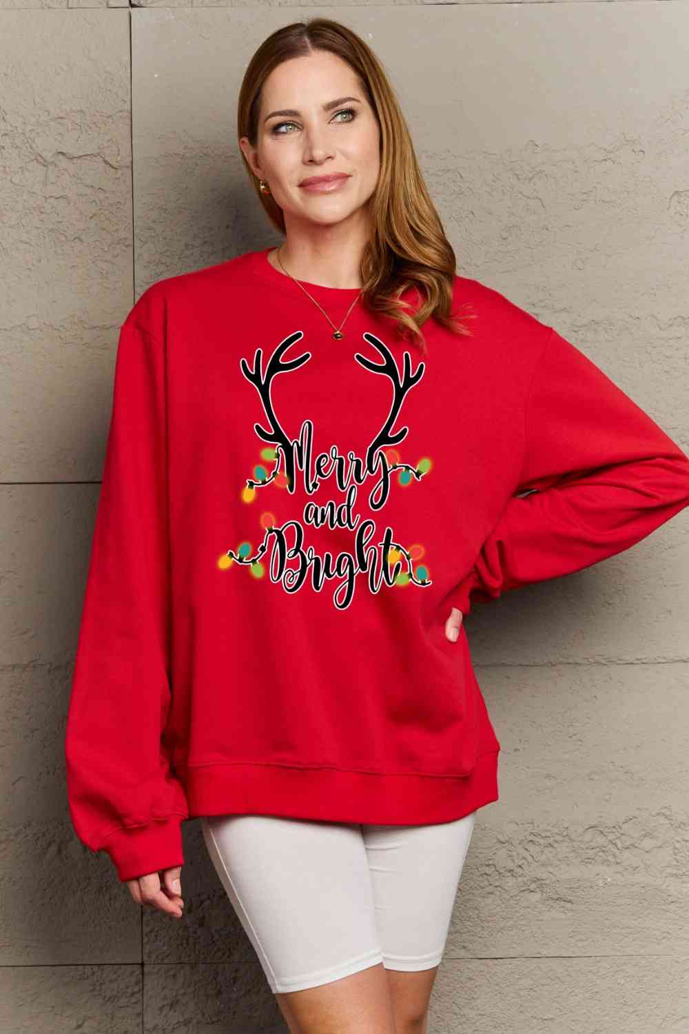 Simply Love Full Size MERRY AND BRIGHT Graphic Sweatshirt - Flyclothing LLC