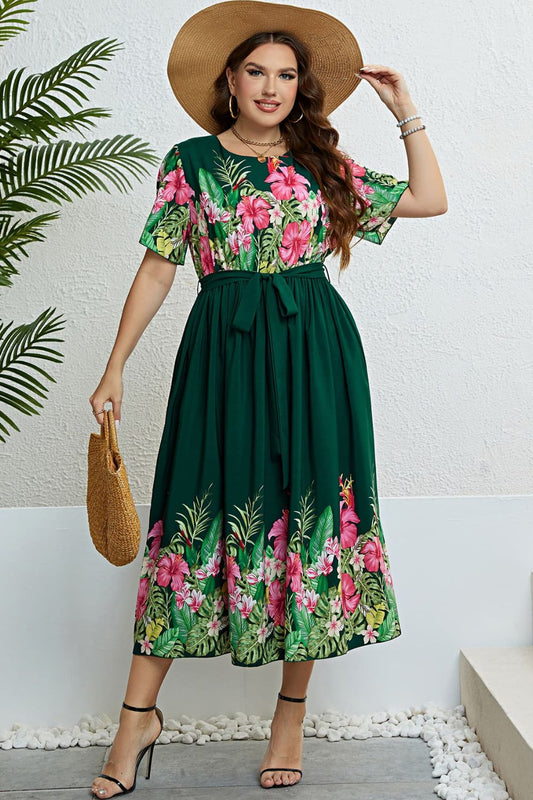 Floral Tie-Waist Round Neck Dress - Flyclothing LLC