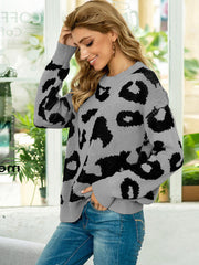 Drop Shoulder Leopard Pullover Sweater - Flyclothing LLC