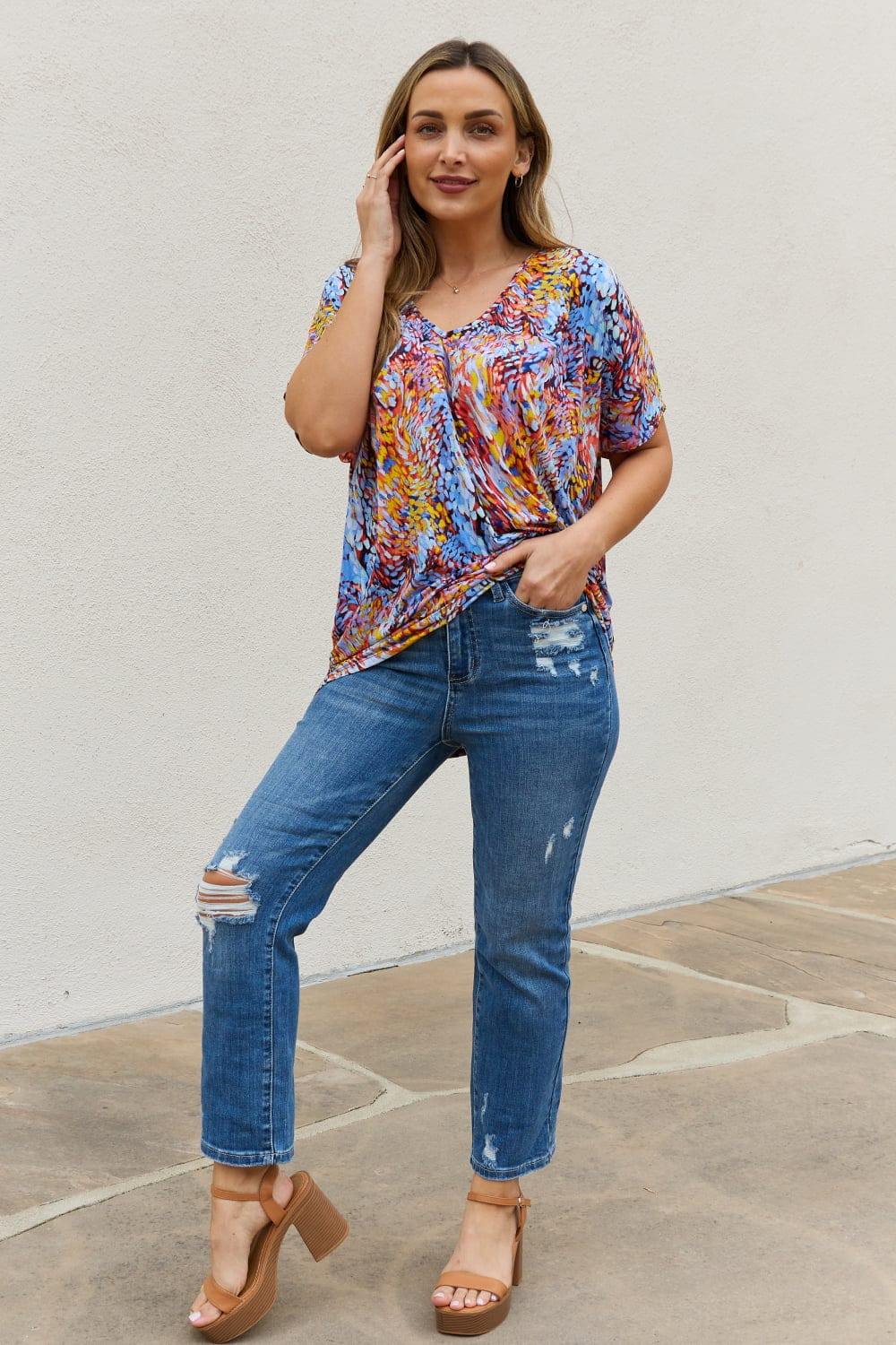 Be Stage Full Size Printed Dolman Flowy Top - Trendsi