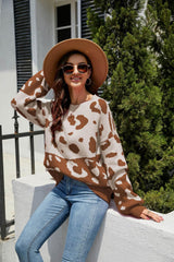 Leopard Ribbed Trim Dropped Shoulder Sweater - Trendsi