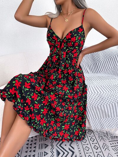 Printed Plunge Cap Sleeve Cami Dress - Flyclothing LLC