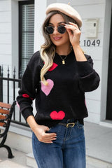 Heart Round Neck Droppped Shoulder Sweater - Flyclothing LLC