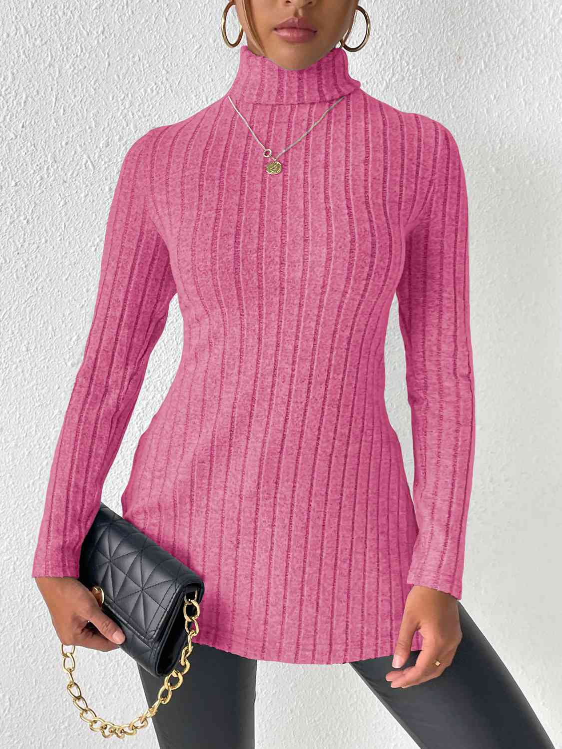 Ribbed Turtleneck Long Sleeve Slit T-Shirt - Flyclothing LLC