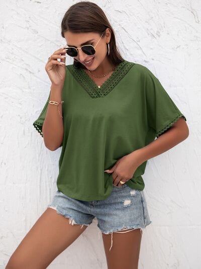 Lace Detail V-Neck T-Shirt - Trendsi