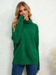 Slit Turtleneck Dropped Shoulder Sweater - Flyclothing LLC