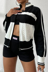 Cable-Knit Color Block Raglan Sleeve Cardigan - Trendsi