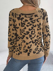 Leopard Buttoned Square Neck Sweater - Flyclothing LLC