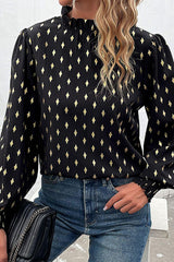 Geometric Print Frill Neck Lantern Sleeve Blouse - Flyclothing LLC