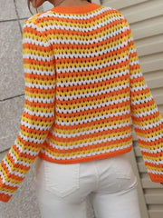 Striped Openwork Long-Sleeve Knit Pullover - Flyclothing LLC