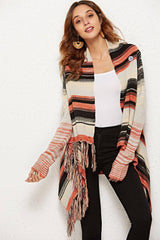 Striped Tassel Detail One-Button Cardigan - Flyclothing LLC