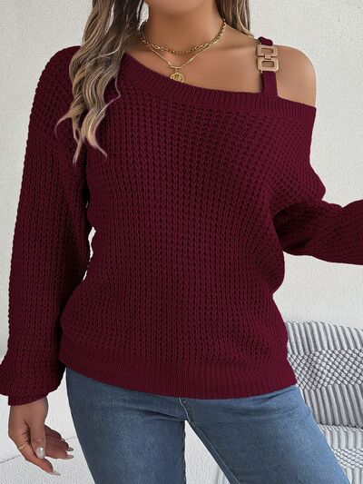 Asymmetrical Neck Long Sleeve Sweater - Flyclothing LLC