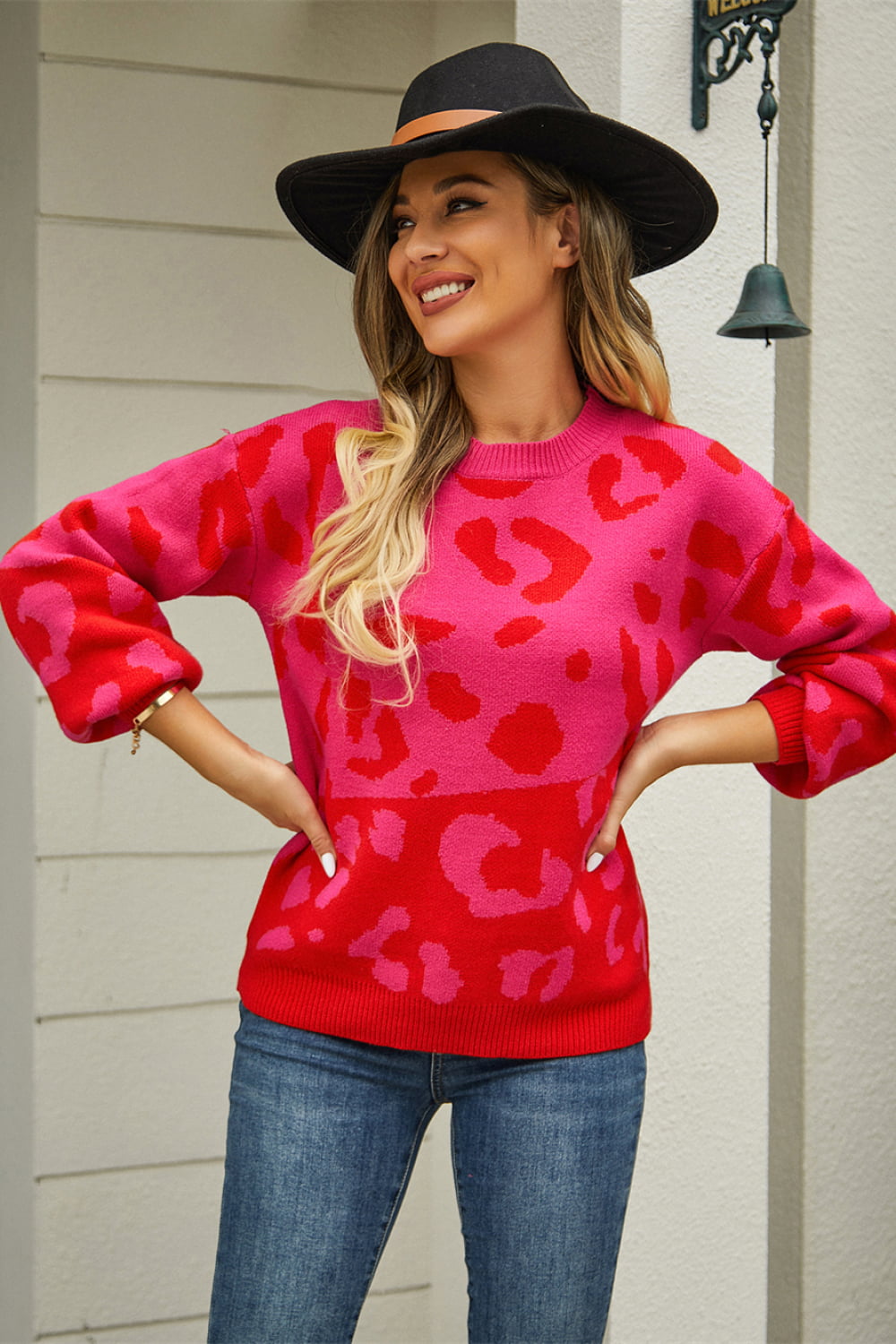 Leopard Round Neck Dropped Shoulder Sweater - Flyclothing LLC