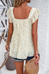 Printed Square Neck Cap Sleeve Blouse - Flyclothing LLC