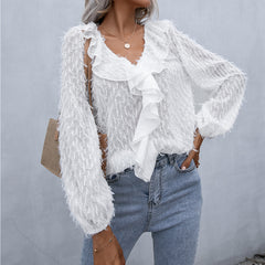 Ruffle Hem Fringe V-Neck Balloon Sleeve Blouse - Flyclothing LLC