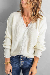 Lace Trim V-Neck Button Cuff Rib-Knit Sweater - Flyclothing LLC